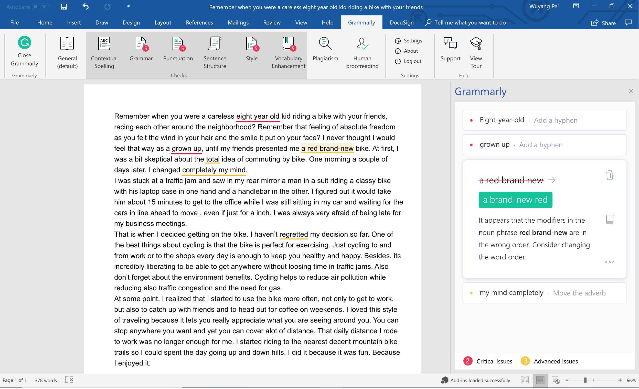 Grammarly in MS Word
